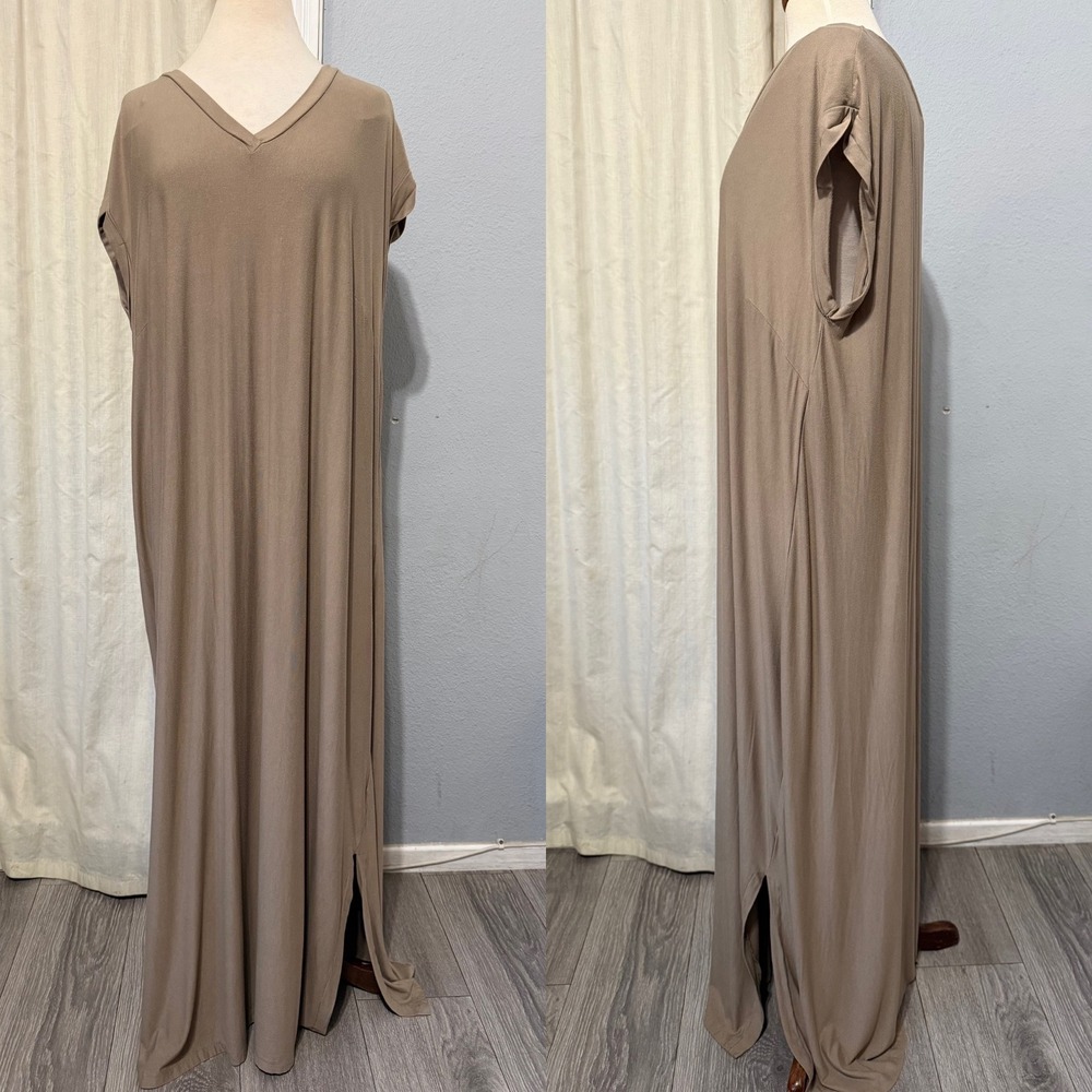 Roaman's Lagenlook Maxi Dress 22/24 1X Taupe VNeck Short Sleeve Side Slit Jersey